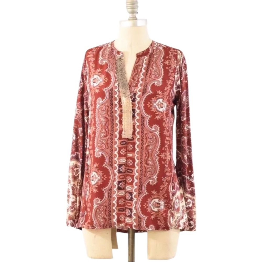 Anthropologie TINY Burgundy Red Paisley Print Gold Sequin Blouse - S